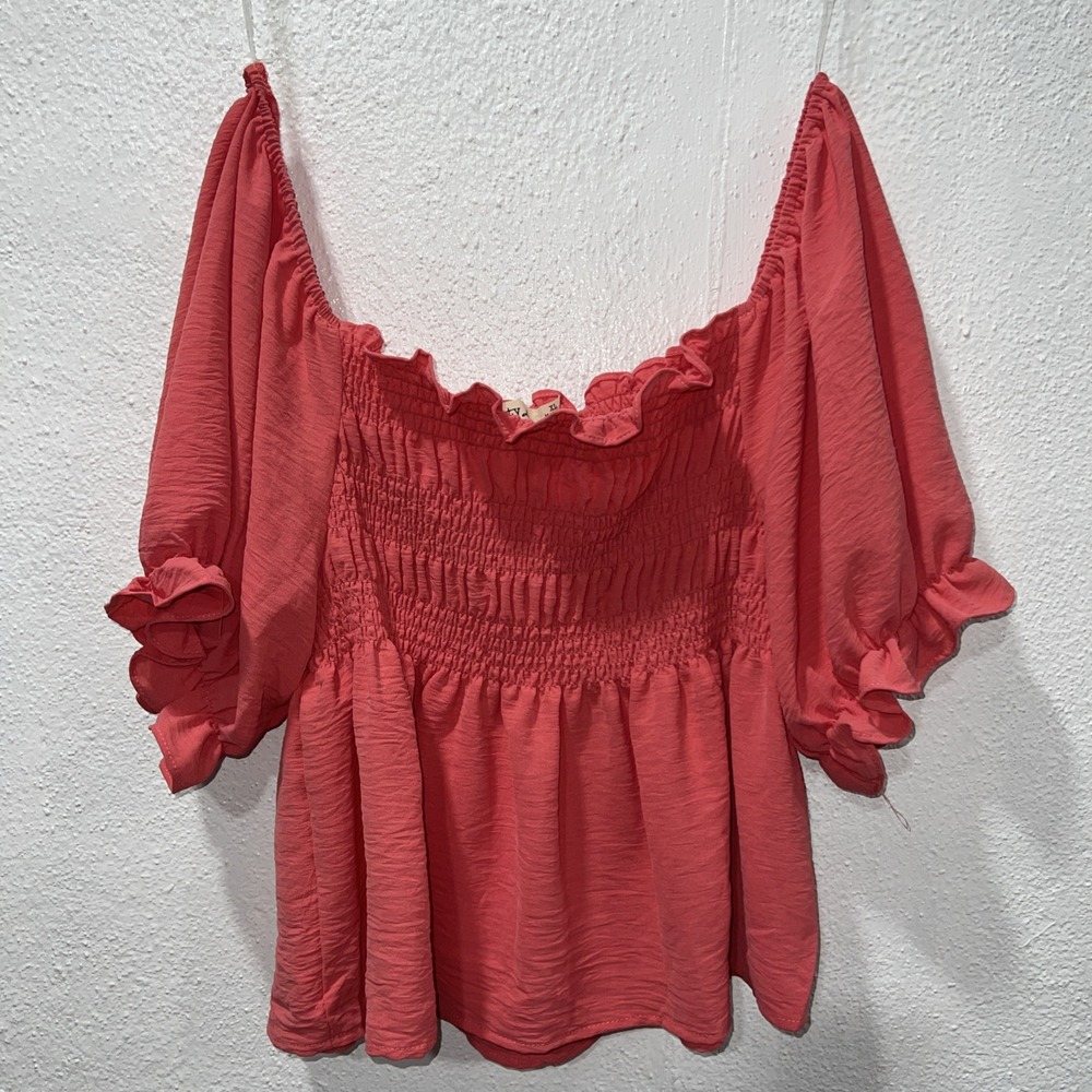 Liberty Love Juniors Peach Off The Shoulder Smocked Short Sleeve Top XL